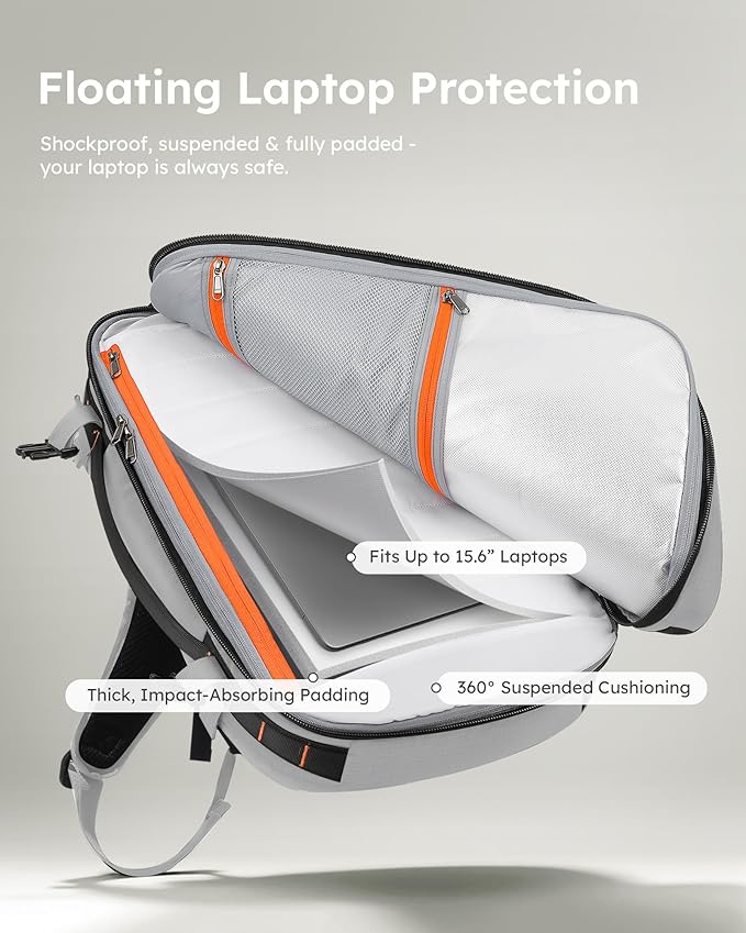 Tolaccea Travel Backpack, TSA Friendly Flight Approved Carry-on Luggage Water-resistant Business Rucksack, Durable Large Computer Bag Daypack Fits 15.6 Inch Laptop, 35-45L Expandable - Grey