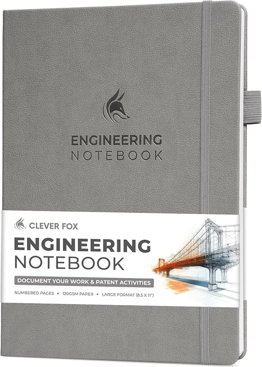 Clever Fox Engineering Notebook – Hardcover Grid Notebook with Numbered Pages, Table of Contents – Patent, Lab & Invention Journal for Engineers & STEM (Gray)