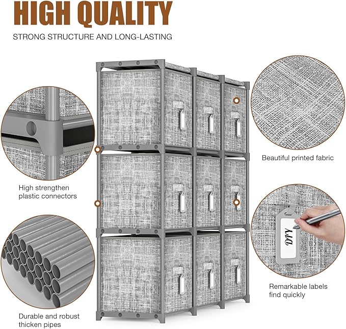 9 Cube Closet Organizer with Beautiful Printed Drawers + Labels, Storage Shelf, Toy Cubby Organizer
