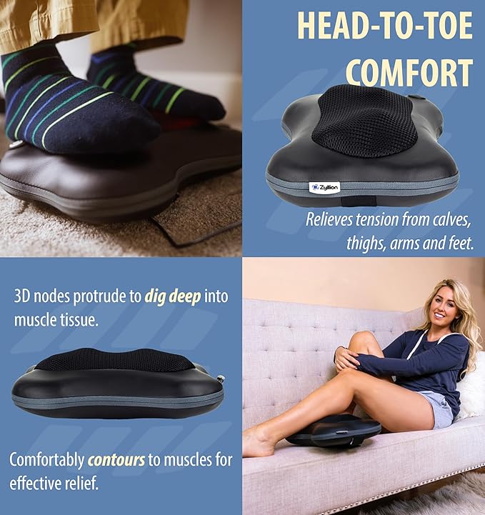 Zyllion Shiatsu Back and Neck Massager with Heat - 3D Electric Kneading Deep Tissue Massage Pillow for Muscle Pain Relief, Black, ZMA-13