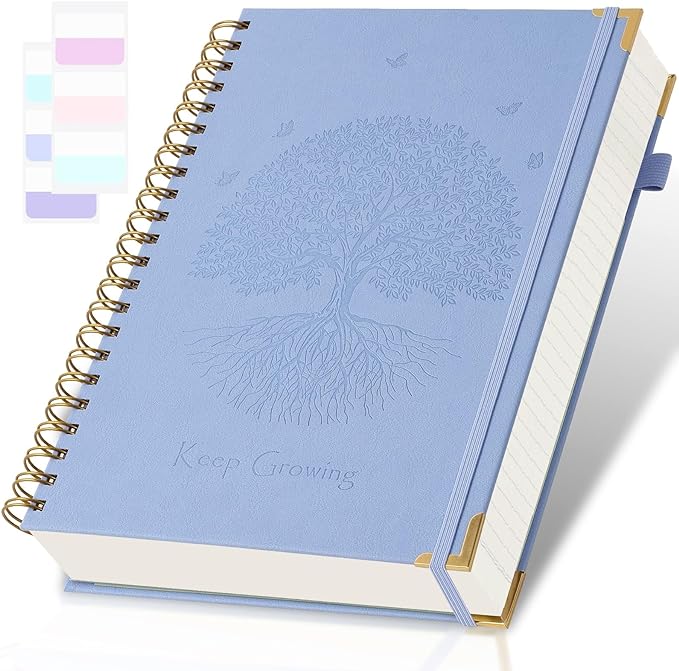 Spiral Notebook, College Ruled Notebook, A5, 300 Pages Leather Journals for Writing, 5.7" x 8.5", Hardcover Journaling Notebooks for Work School, 24pcs Tabs, Large Embossed Journal for Women Men, Blue