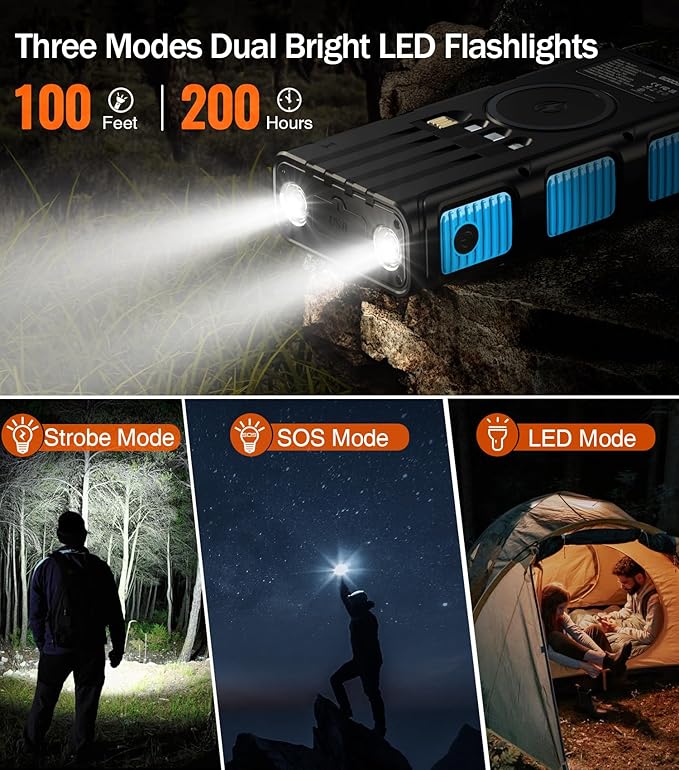 GOODaaa Power Bank Wireless Charger 45800mAh Built in Hand Crank and 4 Cables 15W Fast Charging Power Bank 7 Outputs & 4 Inputs Solar Portable Charger, SOS/Strobe/Strong Flashlights, Compass