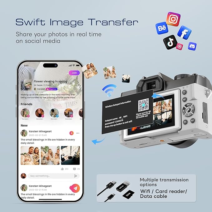 Digital Cameras for Photography with WiFi&App Control, Ture 4K&48MP Vlogging Camera for YouTube,Compact,16X Zoom Autofocus, Anti-Shake for Entry-Level User, Beginners, Macro&Wide Lens-32GB Card-White