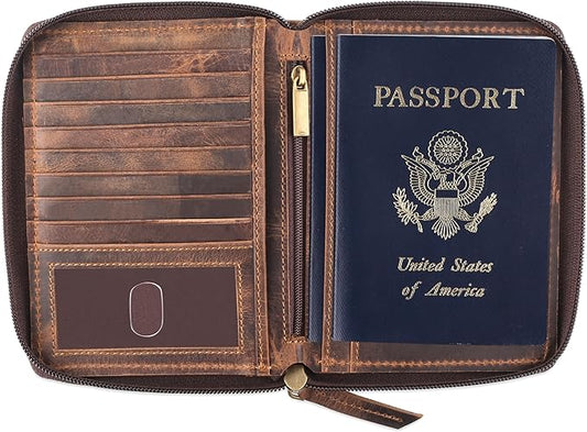 Passport Wallet - Travel Document Holder w/RFID Blocking – Full Grain Leather – Bifold compact zip around Wallet with Credit Card Slots for Women and Men,distressed brown,500-30