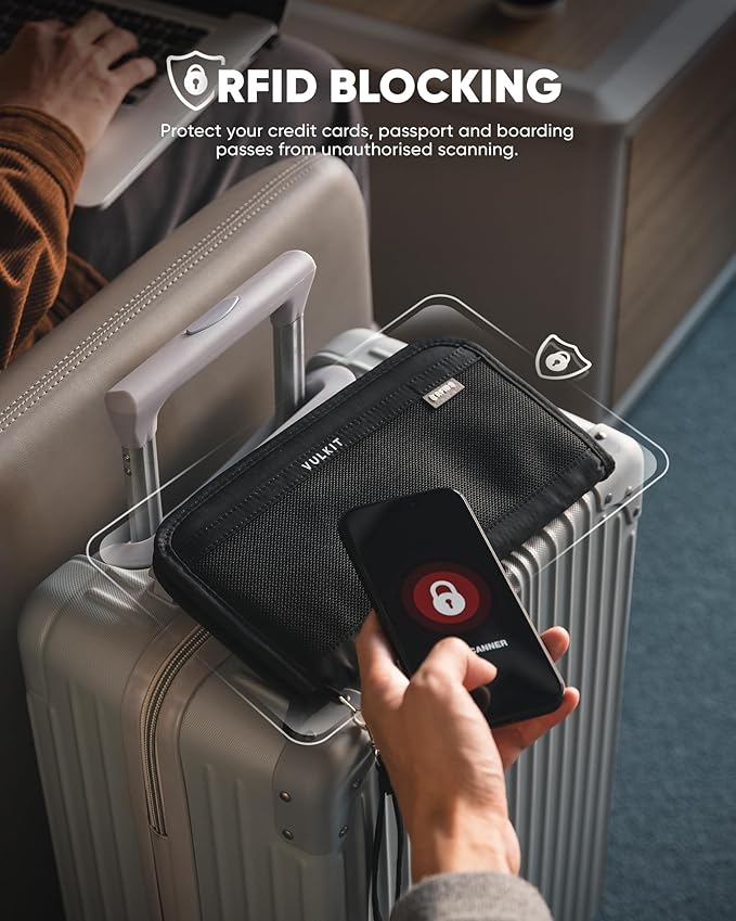 VULKIT Passport Wallet Passport Family Holder RFID Blocking Travel Card Organizer with Wrist Strap for Men or Women(Black)