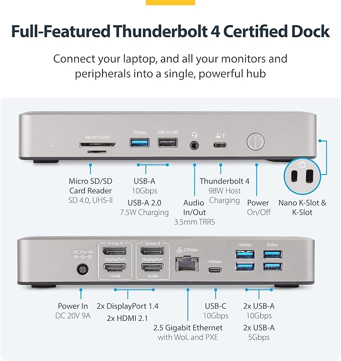 StarTech.com Universal USB4 & Thunderbolt 4 Docking Station, Quad Display on Windows, Dual Display on MacBook, HDMI DP Dock with 98W Laptop Charging
