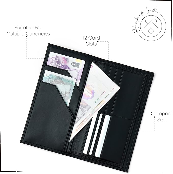 Passport Holder Travel Wallet for Men & Women, RFID Handcrafted Full Grain Leather Cover, 12 Card Slots & 4 Compartments, Gift Box & Pouch, Black
