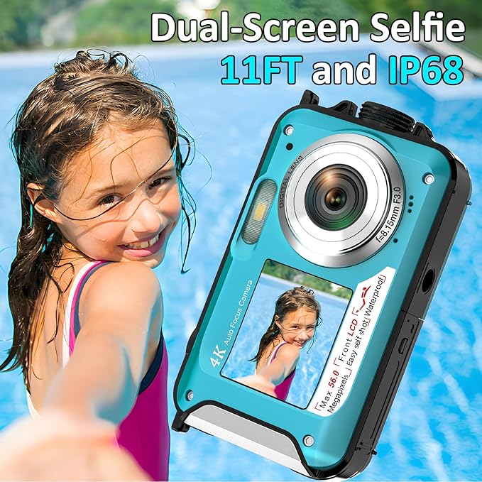 4K Underwater Camera 11FT Waterproof Camera with 32GB Card 56MP Autofocus Dual-Screen Selfie Underwater Camera for Snorkeling Waterproof Compact Floatable Digital Camera 1250mAh Battery Type-C (Blue)
