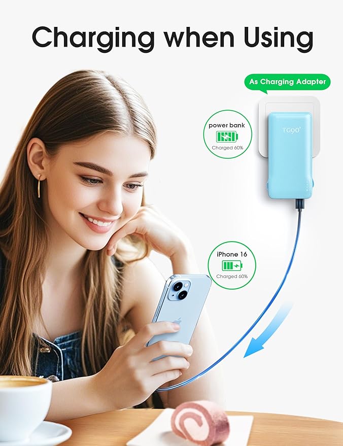 TG90° 10000mAh Power Bank with Built-in AC Wall Plug and Cables, Ultra Slim Phone External Battery Pack Portable Charger Compatible with iPhone and Android Devices