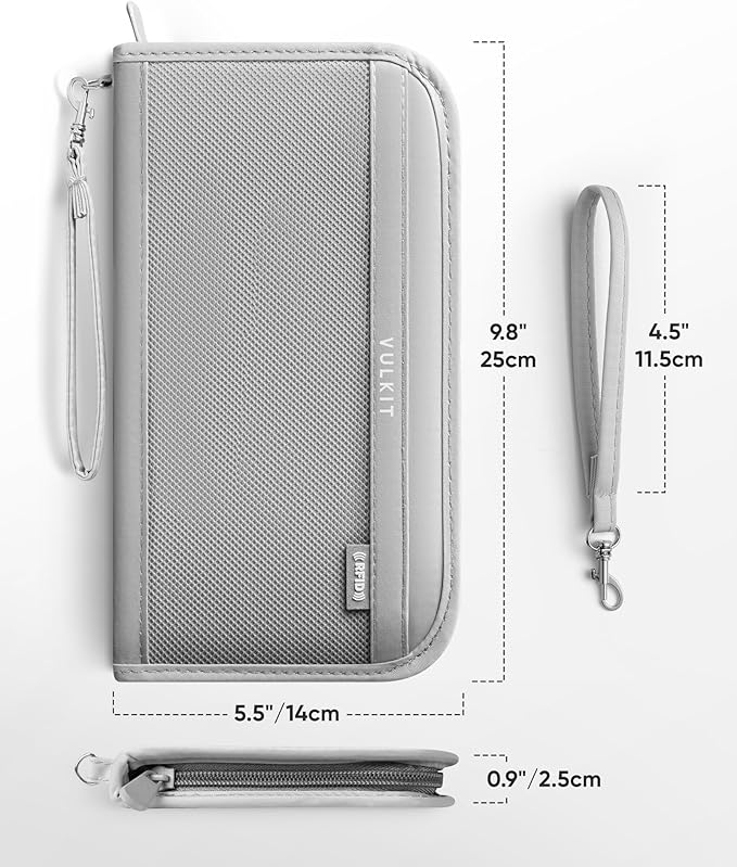 VULKIT Passport Wallet Passport Family Holder RFID Blocking Travel Card Organizer with Wrist Strap for Men or Women(Grey)