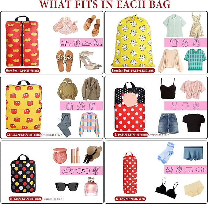 Compression Packing Cubes for Travel, 6 Set Red Dots Luggage Organizer, Lightweight Waterproof Expandable/Compression Bags Smell Proof Travel Packing Cubes for Suitcases