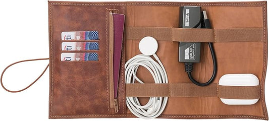 Custom Leather Electronic Organizer Roll – Personalized Cord Pouch for Travel Tech Accessories, USB Cables, Charger, Passport, SD Cards – Handmade Gift for All