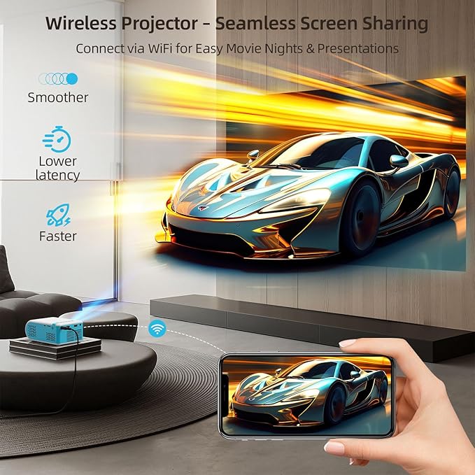 Nasin Mini Projector, 1080P Supported WiFi & Bluetooth Projector, Portable Outdoor Movie Projector, For Home Theater, Wireless Screen Mirroring with iOS/Android/Tablet/Laptop/TV Stick, HDMI/USB/Type C