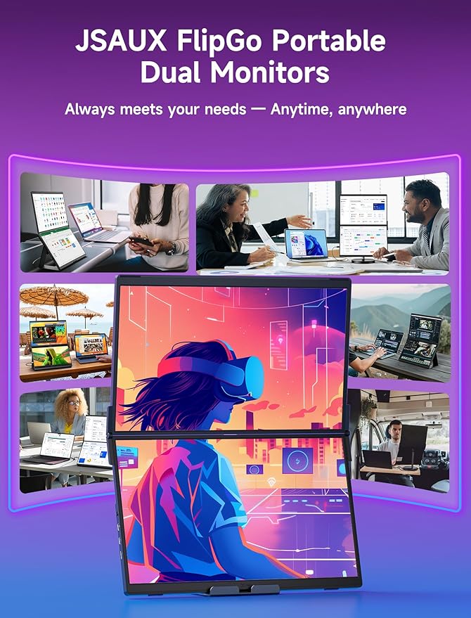 JSAUX FlipGo Pro 15.6" Dual Portable Monitors, 1080P FHD IPS Dual Screen Monitor, Triple Screen Laptop Monitor Extender for Wins/macOS (Driver Required) with Magnetic Design/Plug & Play/Built-in Hub