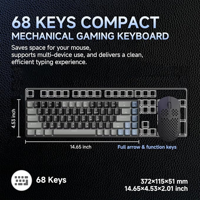 DIERYA DK68 60% Wireless Mechanical Gaming Keyboard, 3 Modes Bluetooth/2.4GHz/USB-C with Red Linear Switch, RGB Backlit, Anti-Ghosting, 68-Key Compact mini keyboard for Windows/macOS/Linux- Grey/Black
