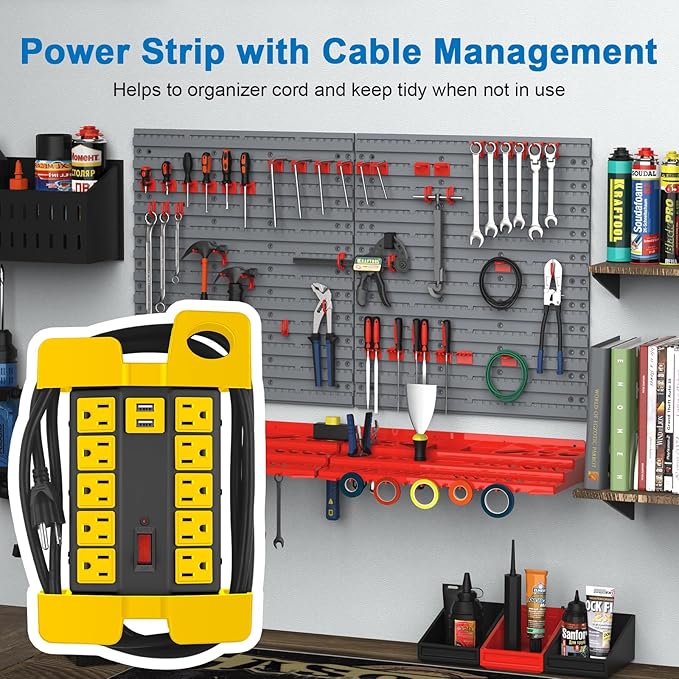 CCCEI Heavy Duty Power Strip with USB Ports, Garage 10 Outlets Surge Protector 2700 Joules, Industrial Workshop Metal 15Amp Multiple Outlets, 6 FT Extension Cord and Wide Spaced Black