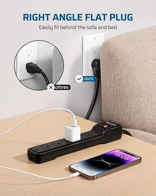 DEWENWILS 2-Pack Power Strip Surge Protector,15 Ft Extra Long Extension Cord, Low Profile Flat Plug,15 Amp Circuit Breaker, 500 Joules, Wall Mount, Black, UL Listed