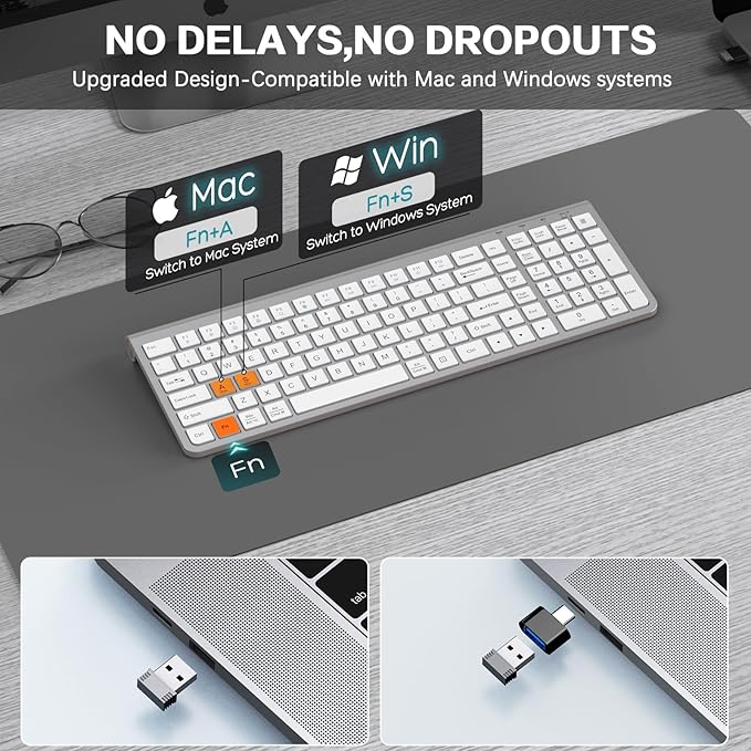 JOYACCESS Wireless Keyboard, Ergonomic,Dustproof,2.4G Slim and Compact Quiet Wireless Keyboard with Number Keypad for Windows, MacBook Pro/Air, Laptop, Desktop, PC-Sliver&White