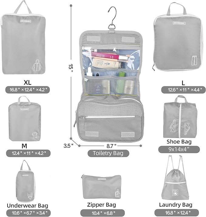 8 Set Expandable Compression Packing Cubes for Suitcases Travel Essentials Carry On Waterproof Storage Bag With Dry And Wet Separation Grey