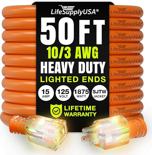 50ft Outdoor/Indoor Extension Cord 10/3 Gauge Ultra Heavy Duty 3 Prong SJTW, Waterproof, Flexible Cold-Resistant Long Power Cord,15A 125V 1875W, Orange by LifeSupplyUSA