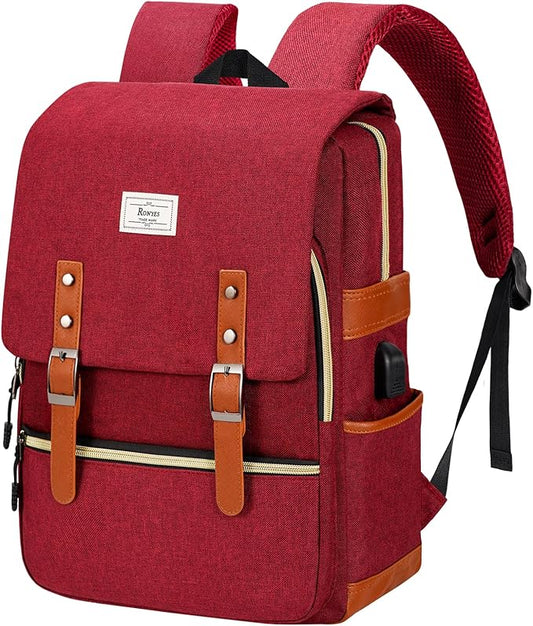 Ronyes Vintage Laptop Backpack for Women Men,15.6 inch Bookbag Casual Daypack with USB Charging Port for College Work, Red Backpacks
