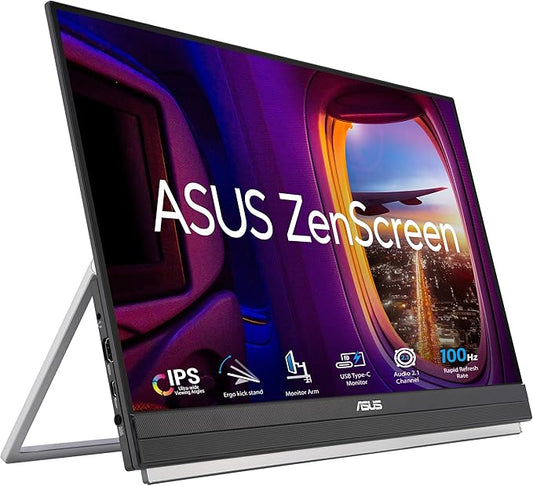 ASUS ZenScreen 22” (21.5 viewable) 1080P Portable Monitor (MB229CF) – Full HD, IPS, 100Hz, USB-C PD 60W, Speakers, Carrying Handle, Kickstand, C-clamp Arm, Partition Hook, Subwoofer, 3 yr Warranty