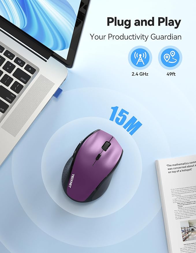 TECKNET PRO Rechargeable Wireless Mouse, Silent Click, 800mAh Long Battery Life, 6 Adjustable 6400 DPI, Cordless Computer Mouse, 6 Button Ergonomic Mouse for PC Mac Chromebook - Purple