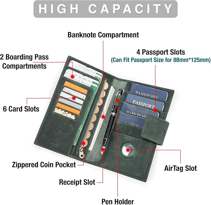 Top Grain Leather Travel Passport Wallet Holder for Man & Woman, Snap Button Design for 4 Passports & Multi Cards, RFID Blocking Large Capacity for Passports/Cards/Checks/Bills, Coffee