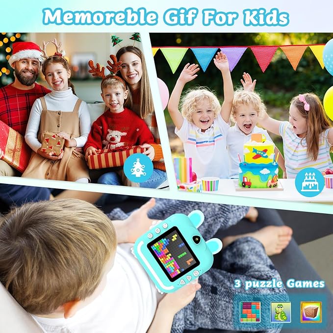 Kids Camera Instant Print Girls Boys, 2,4" HD 1080P, 32GB Card, with Photo Paper and Colored Pens, Instant Camera Holiday Birthday Gifts, Printable Toddler Portable Travel Print Toy (Blue)