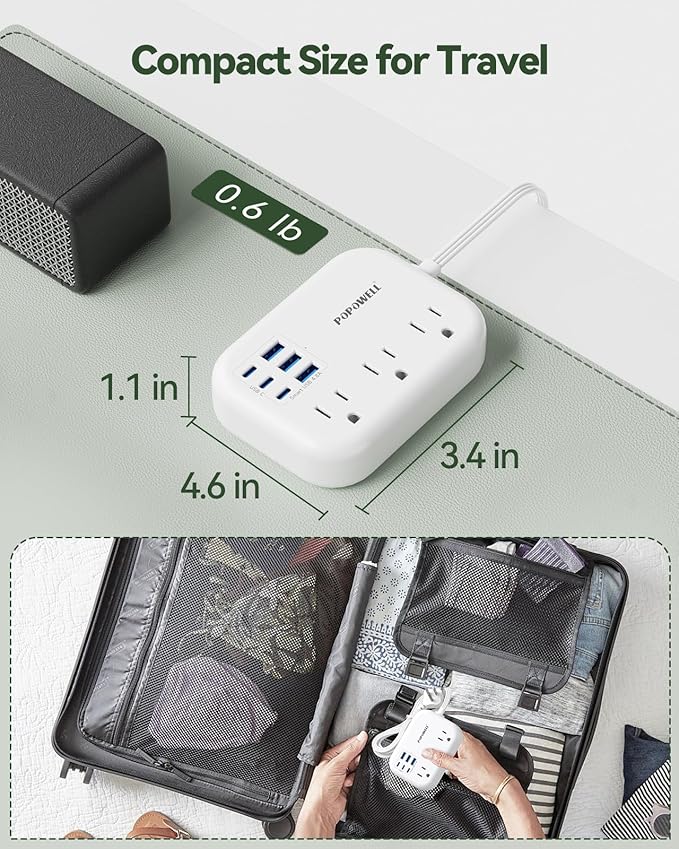 6 USB Power Strip- Travel Power Strip with 3 Outlets and 6 USB(3 USB C) 24W/4.8A Charging Ports for iPhone 15, 3 FT Small Extension Cord, Slim Flat Plug for Cruise Ship Essential, Office Dorm, White.