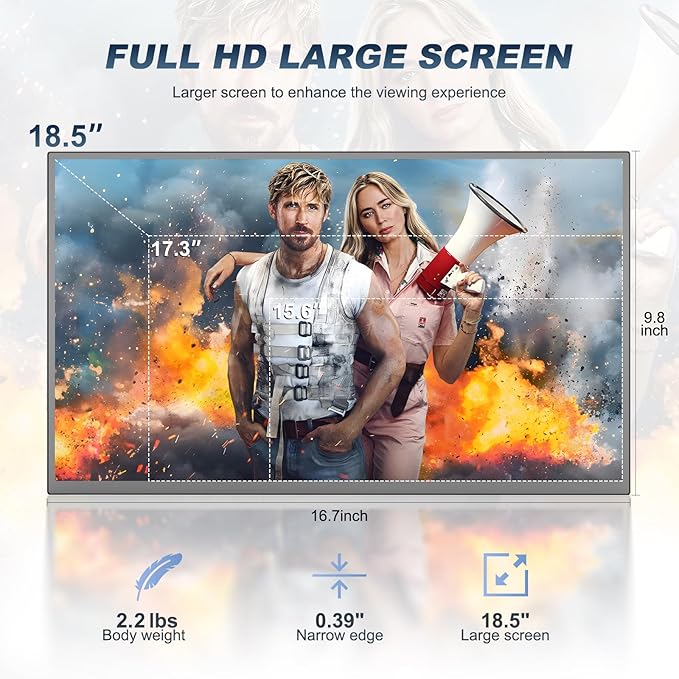 18.5 Inch Large Portable Monitor for Laptop, 1080P FHD 120Hz 125% sRGB USB-C HDMI Travel Monitor for Laptop Mac PC Xbox PS4/5 Switch, Portable Screen with Smart Cover, VESA Compatible