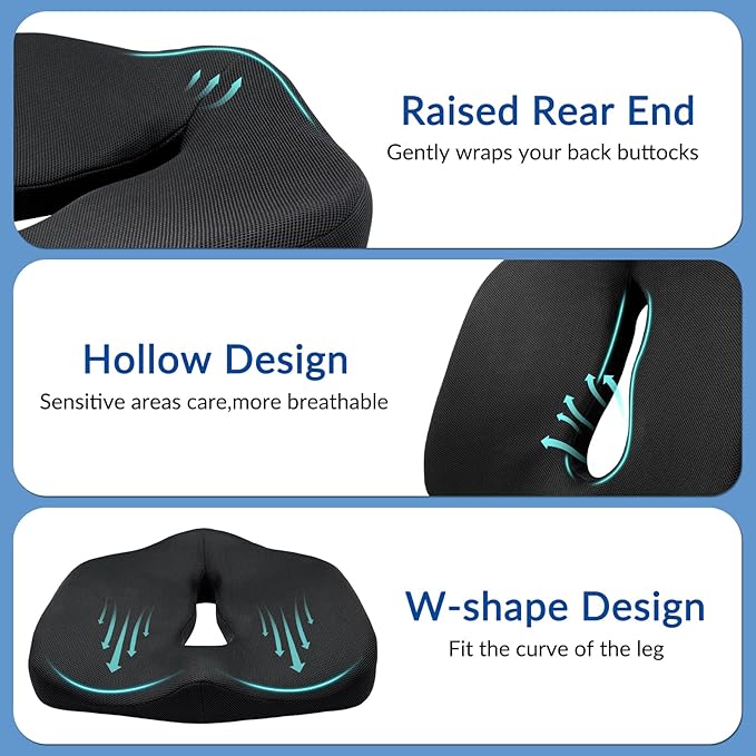 Ergonomic Memory Foam Seat Cushion for Office Chair, Extra Large Pad with U-Shaped Design for Pressure Relief, Coccyx Sciatica & Back Pain Relief, for Home, Car Long Sitting (Black/Gray)