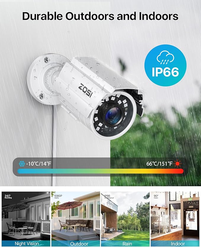 ZOSI 2MP 1080p HD 1920TVL Outdoor Indoor Home Security Camera (Hybrid 4-in-1 HD-CVI/TVI/AHD/960H Analog CVBS), 24PCS LEDs, 80ft IR Night Vision, Weatherproof Surveillance CCTV Bullet Camera