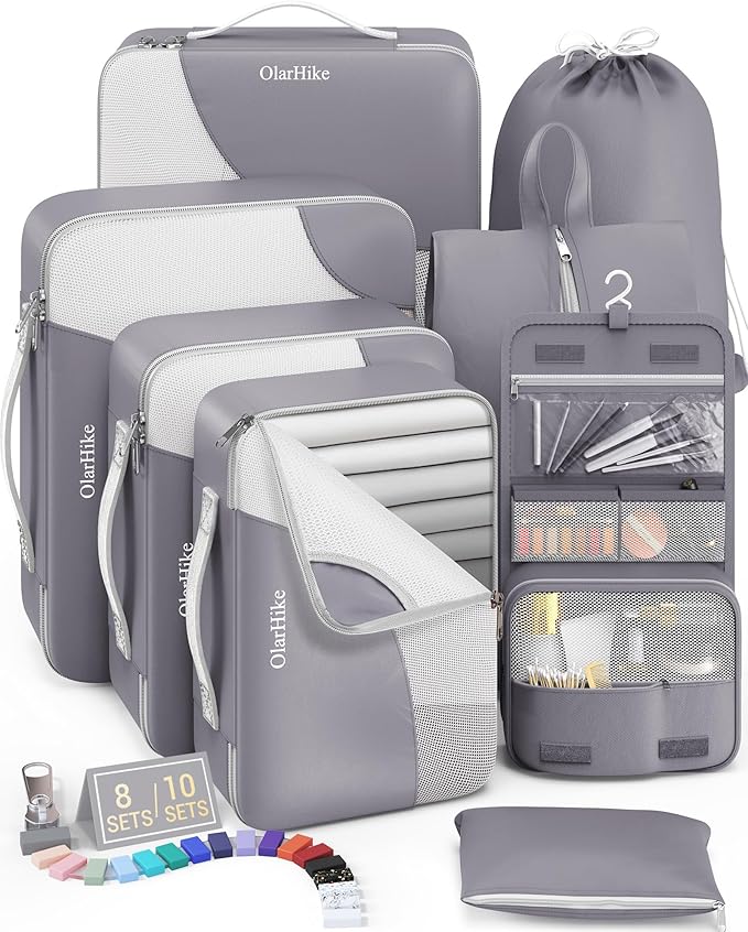 8 Set Packing Cubes for Travel, Gifts for Men,Anti-Tearing Suitcase Organizer for Luggage with Shoe & Hanging Toiletry Bag, OlarHike Vacation Accessories for Cruise, Travel Essentials for Men, Grey