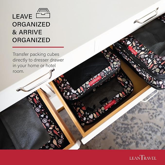 LeanTravel Compression Packing Cubes for Travel Organizers with Double Zipper (6-Pack (2L+2M+2S), Flowers & Leaves)