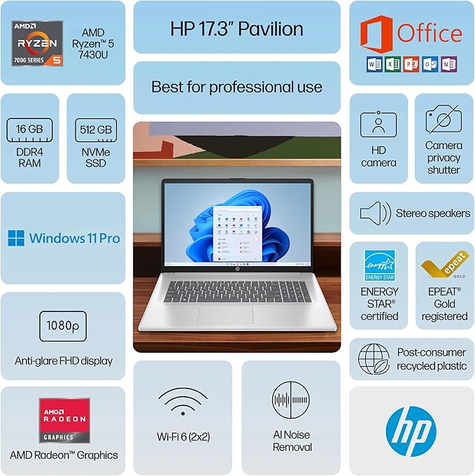 HP 17 Laptop Business, 17.3" FHD IPS Display, 16GB RAM, 1TB Storage (512GB SSD + 500GB Ext Drive), 6-Core AMD Ryzen 5 Processor, Lifetime Microsoft Office, Long Battery, MarxsolAccessory, Win 11 Pro