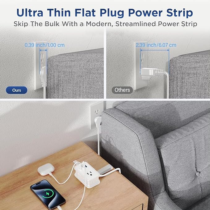 Travel Charger for Multiple Devices, Flat Plug Power Strip 3ft Adapter Extension Cord, 3 AC Outlets, 2 USB & 1 Fast Charging USB-C, No Surge Cruise Approved, Portable Power Strip