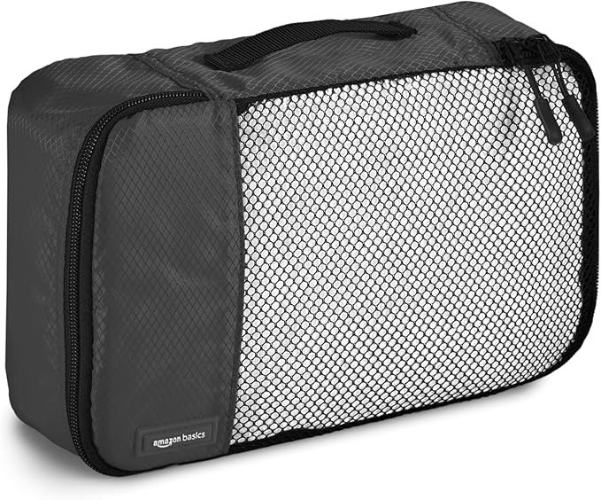Amazon Essentials 4-Piece Packing Cubes Travel Accessories Set, Luggage Organizer with Double Zipper, Mesh Top, 100% Polyester, Small/Medium/Large/Slim, Black (Previously Amazon Basics)