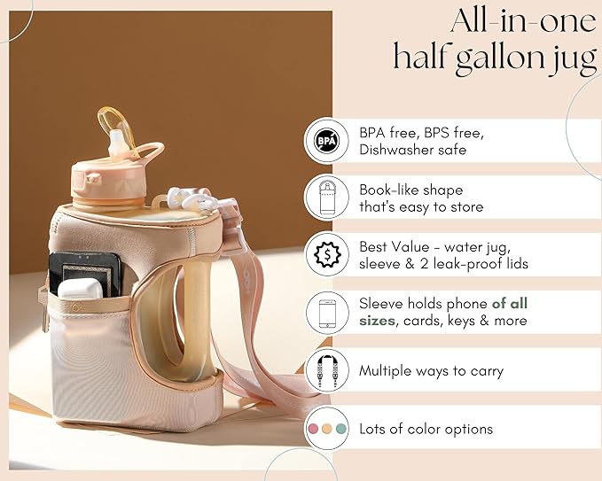 H2O Capsule Half Gallon Cube Square Water Bottle - 2.2L Water Bottle with Strap, Storage Sleeve, Covered Straw and Chug Lid – BPA Free Reusable Sports Water Jug with Handle, (68 Ounce), (Neutral)