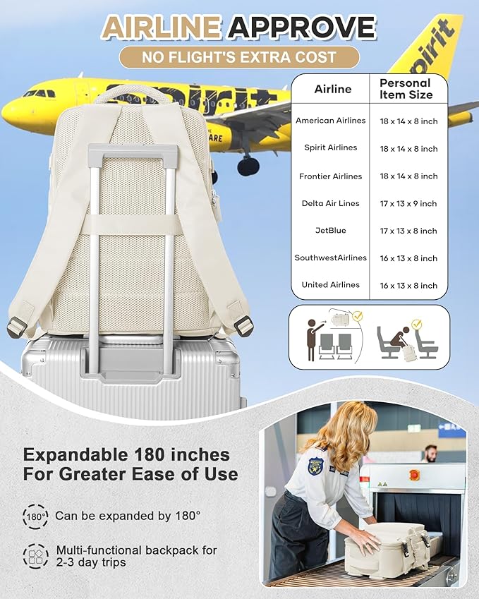 Carry On Backpack for Women, Airline Approved Large Travel Backpack Flight Approved, Waterproof 14 Inch Laptop Backpack Business Work Backpacks Bag Men Beige Mochila De Viaje