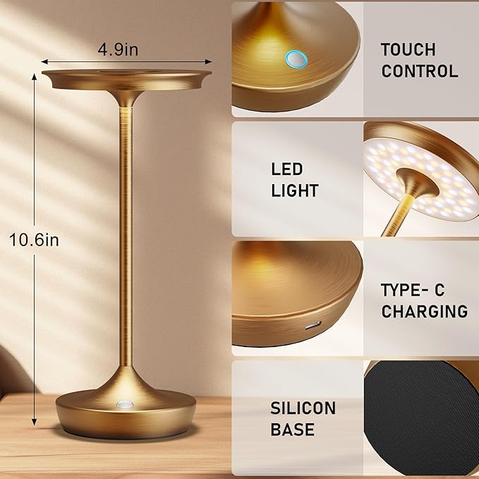 LED Rechargeable Cordless Table Lamps, Portable Outdoor Battery Operated Table Light 3 Color Stepless Dimming Table Lamp with Memory Function for Patio Restaurant Dining Room Bronze