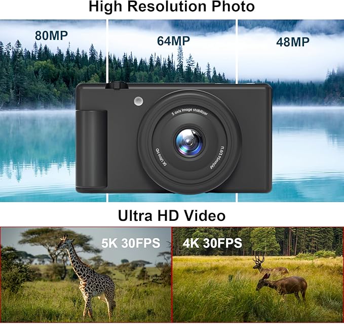 5K 4K Digital Camera Flip Screen 80MP Photography Camera, 18X Digital Zoom Autofocus Anti-Shake Compact Travel Point Shoot Digital Cameras for Teens, Beginners, Vlogging Camera for YouTube