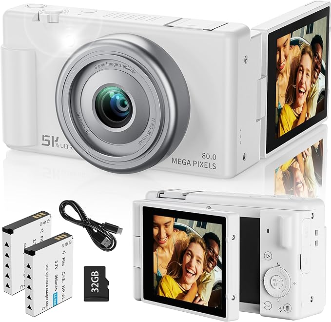 True 5K Digital Camera for Photography, Autofocus 80MP with 18X Digital Zoom 3" 270°Flip Screen Dual-Lens Selfie Camera for YouTube Vlogging & Content Creation, 2 Batteries, 32GB Card & Flash，White