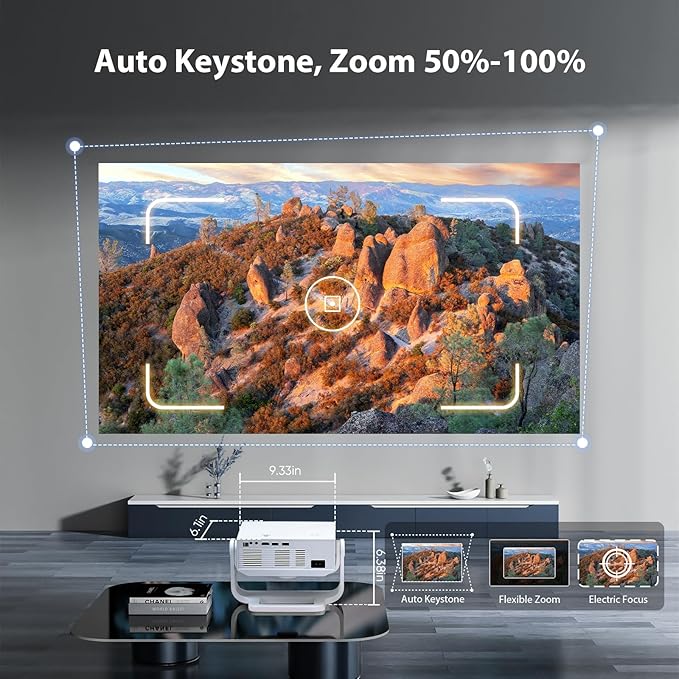 Projector with WiFi and Bluetooth, 1000+ Apps Installed, Electronic Focus & Auto Keystone, Low Fan Noise, Zoom, Native 1080P 4K Support Portable Mini Video Projector Outdoor Indoor