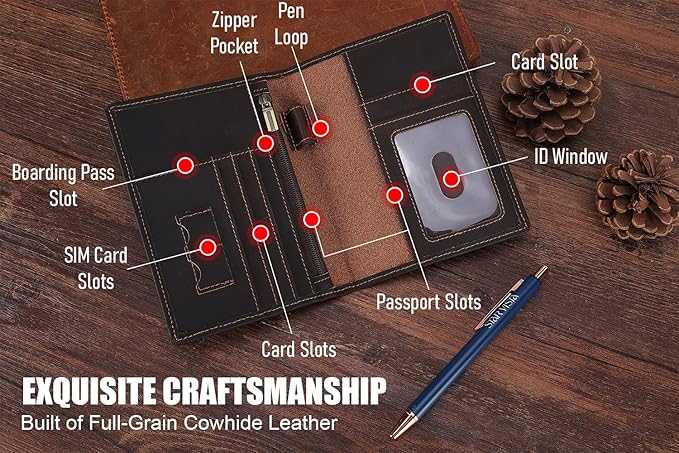 STAR VISTA Phoenix Leather Passport Holder, Full Grain Cowhide Travel Wallet - RFID Blocking, ID Window, Zipper Pocket, Pen & Notebook Included, Dark Chocolate