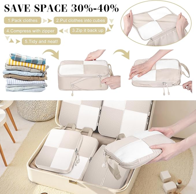8 Set Compression Packing Cubes for Travel, Expandable Waterproof Travel Organizer, Lightweight Luggage Organizer with Shoes & Laundry Bags, Travel Accessories for Men Women, Beige