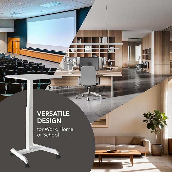 Mount-It! Adjustable Rolling Laptop Desk, Mobile Standing Desk with Wheels, Small Sit-Stand Computer Cart for Home, Office, or Classroom, 29.6–44.2" Height, 23.6"x20.5" Desktop, White