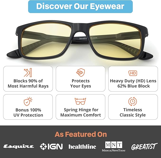 J+S Vision Blue Light Blocking Glasses for Men Women | Computer Gaming Work| Anti Strain Fatigue UV Glare | Medium-Small Fit