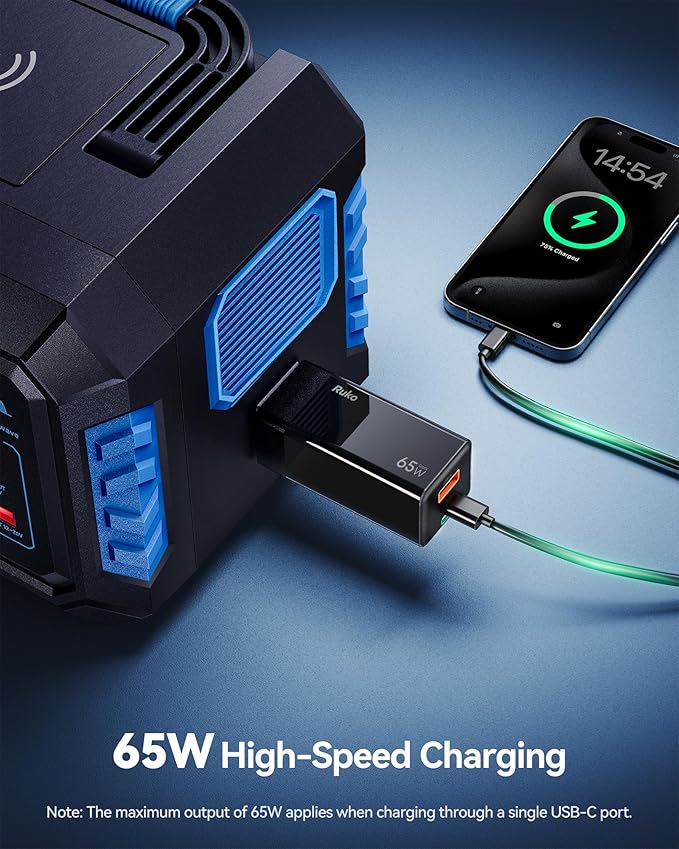 Ruko PD65W USB C Charger, 3-Port GaN Fast Charger Block, Compact Foldable Wall Charger for iPhone 17/16, MacBook Pro/Air, Galaxy S24, Pixel, Drone, Switch and More, Black