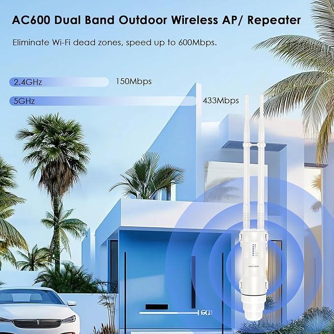 WAVLINK AC600 Outdoor WiFi Extender, 2025 Long Range Dual Band 2.4GHz+5GHz Weatherproof WiFi Access Point with POE, High Power Signal Booster, Router/AP/Repeater Mode, 2x7dBi Antennas for Home & Yard